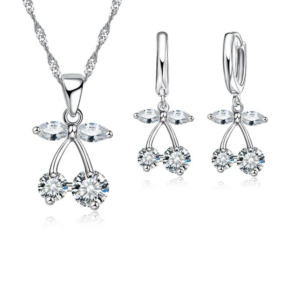925 Sterling Silver Bundle Necklace And Earrings Cherry Drop Hoop Top